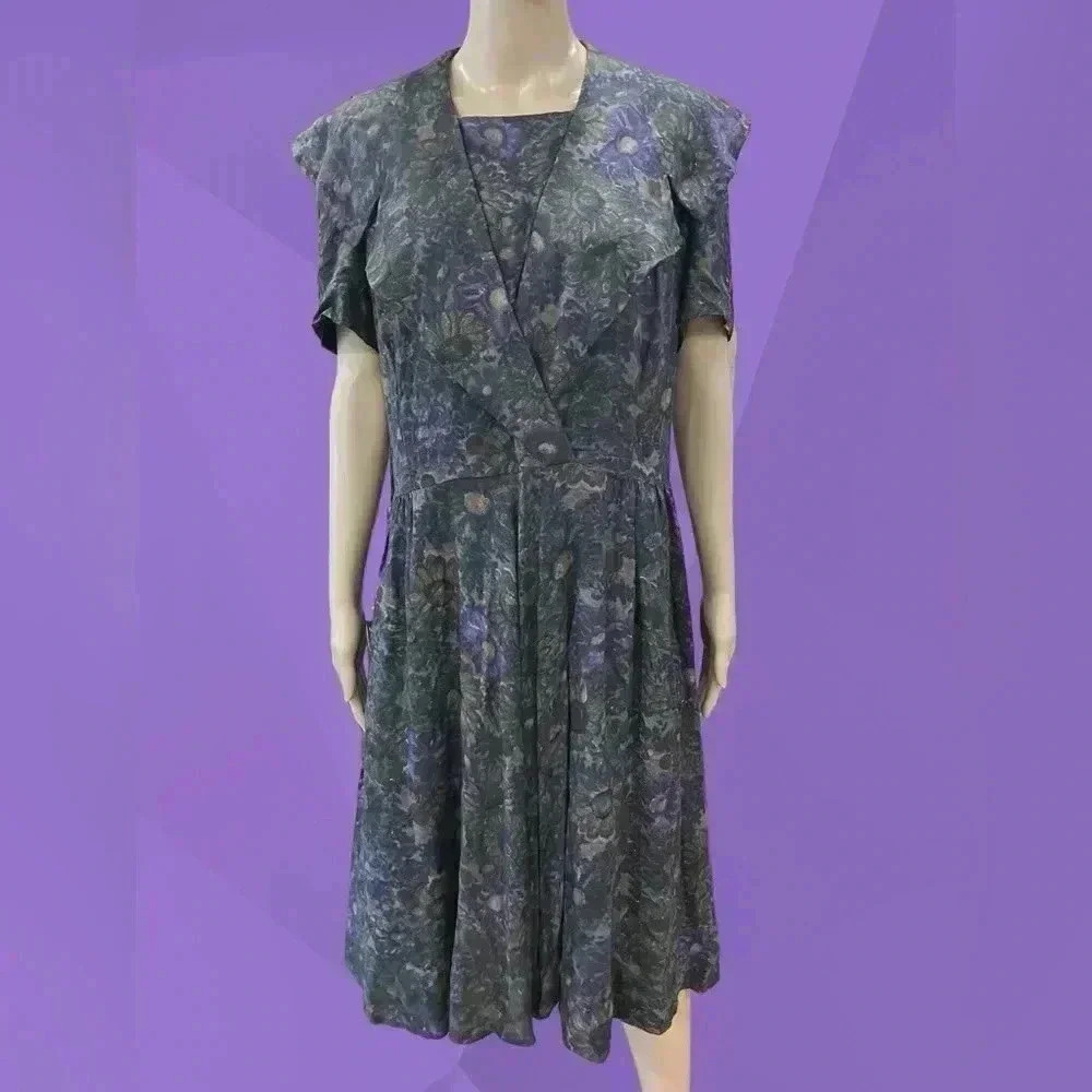 Vintage 70’s/80’s handmade dropwaist modesty black floral dress-XL AS IS